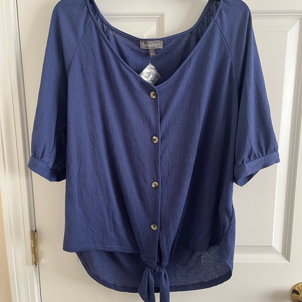 Deep Blue Button-Front Blouse